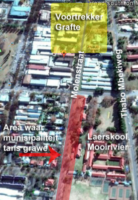 'n Lugfoto wat aandui waar die munisipaliteit tans werk en waar die grafte is. Illustrasie